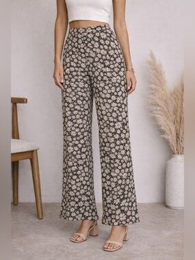 Lily Rose Black & Cream Floral Wide-Leg Pants